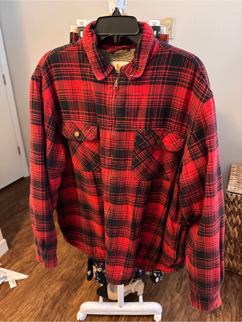 Field & Stream Red and Black Plaid Sherpa-Lined Zip Jacket